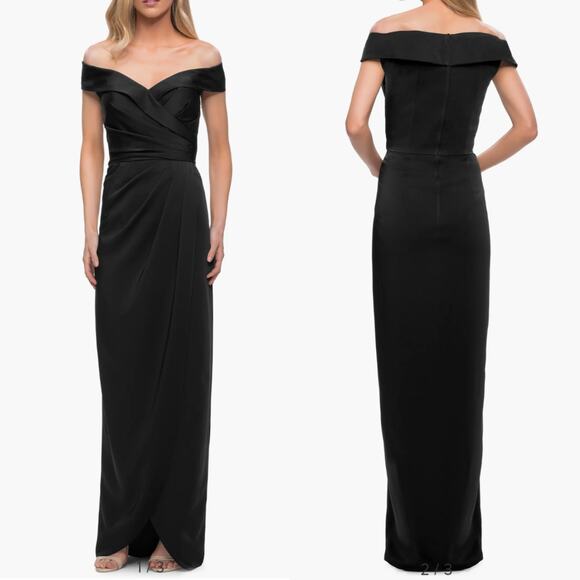 La Femme Dresses & Skirts - La Femme Surplice Off The Shoulder Column Gown Dress Black Satin Size 8 Preowned
